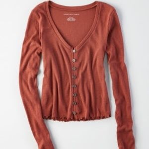 American Eagle AE SOFT & SEXY BUTTON-UP LONG SLEEVE T-SHIRT - Medium - Mauve